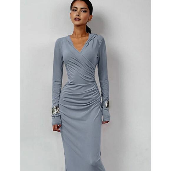 Elegant V Neck Hooded Bodycon Maxi Dress | Size Small - Picture 2 of 7